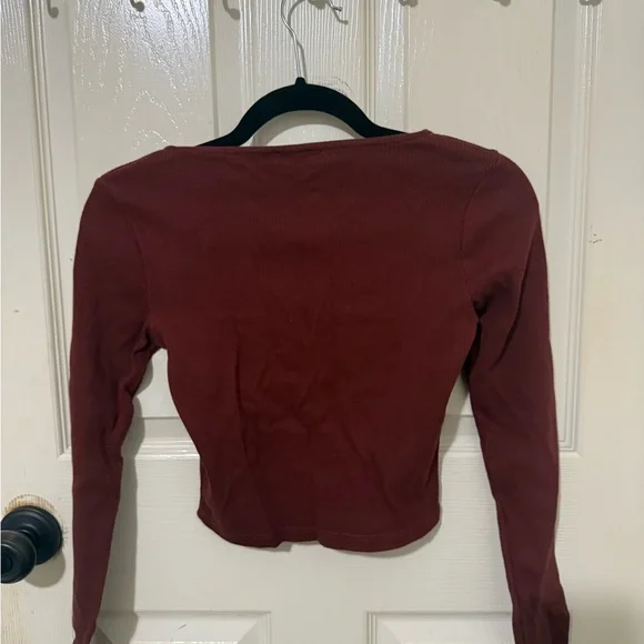 Zara Burgundy Ribbed Cropped Long Sleeve Top | Size M - Picture 8 of 9